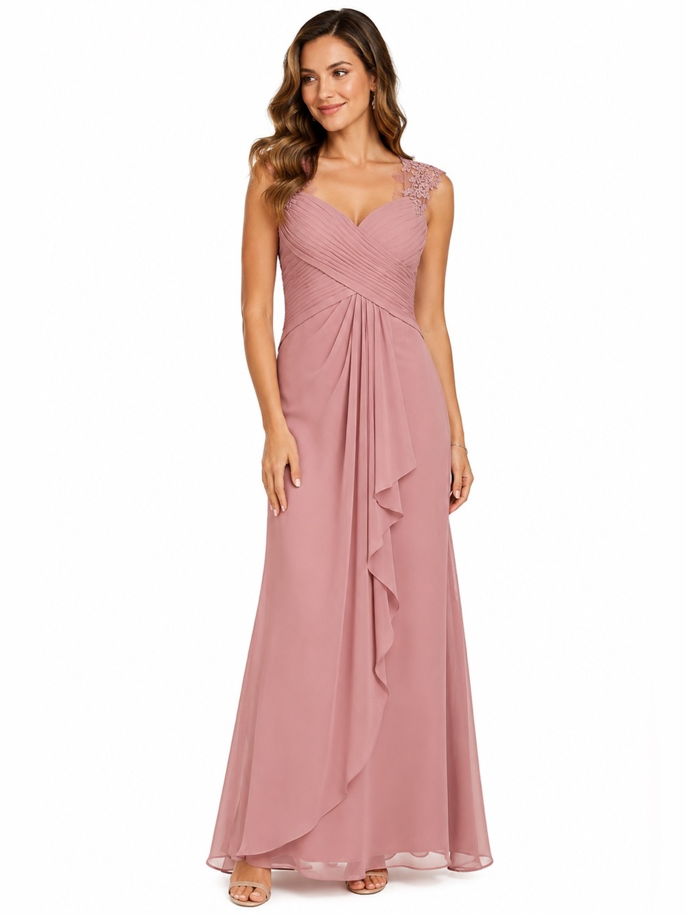 Dusty Rose Corset Back Formal Gown Floral Appliqué Chiffon Dress Size 4